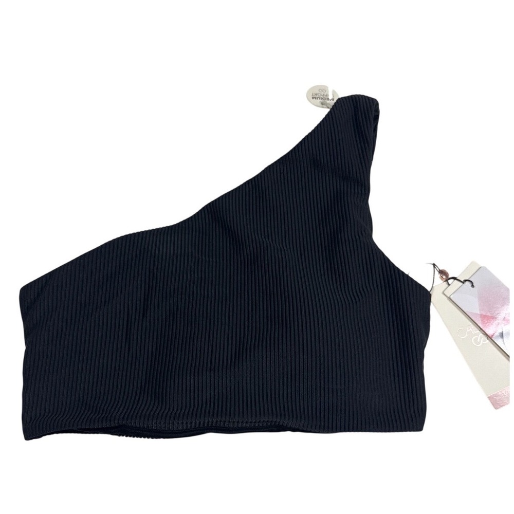 CALIA Womens Small One Shoulder Ribbed Bikini Top Black Medium Support UPF 50+